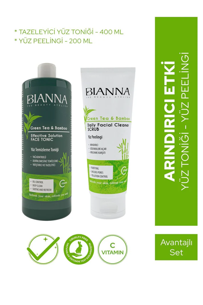 Bianna Yüz Toniği ve Yüz Peelingi Cilt Bakım 2'li Set C Vitaminli Bambulu ve Yeşil Çay Özlü